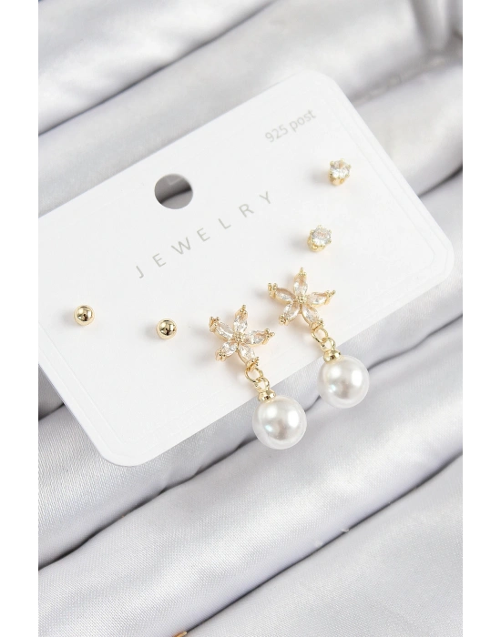 MuI MuI Pirinç Zirkon Taşlı İnci Sallantılı Çiçek Model Gümüş Renk 925 Ayar Gümüş Çivi Kadın Küpe Set