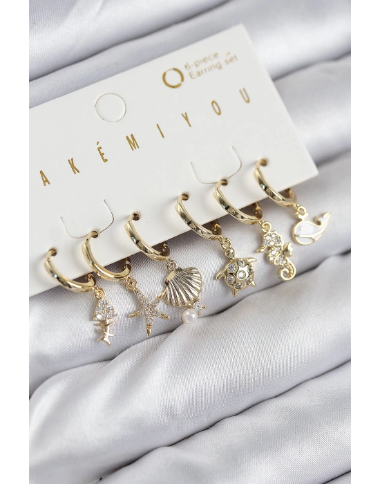 MuI MuI Pirinç Zirkon Taşlı İstiridye Balina Ve Yıldız Gold Renk 6lı Küpe Set