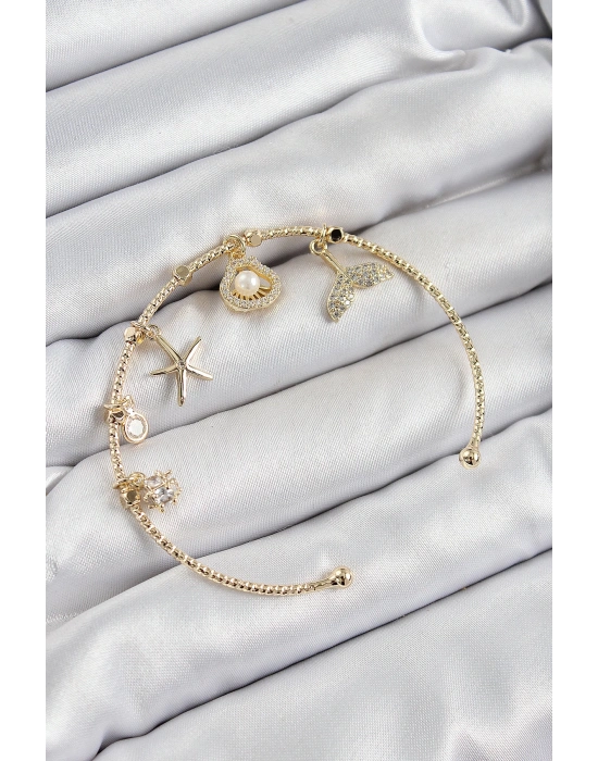 MuI MuI Pirinç Zirkon Taşlı İstiridye Ve Deniz Yıldızı Model Gold Renk Charm Bileklik