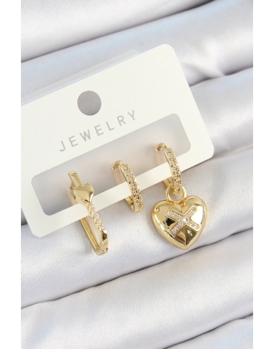 MuI MuI Pirinç Zirkon Taşlı Kalp Model Gold Renk 3lü Çift Kadın Küpe Set