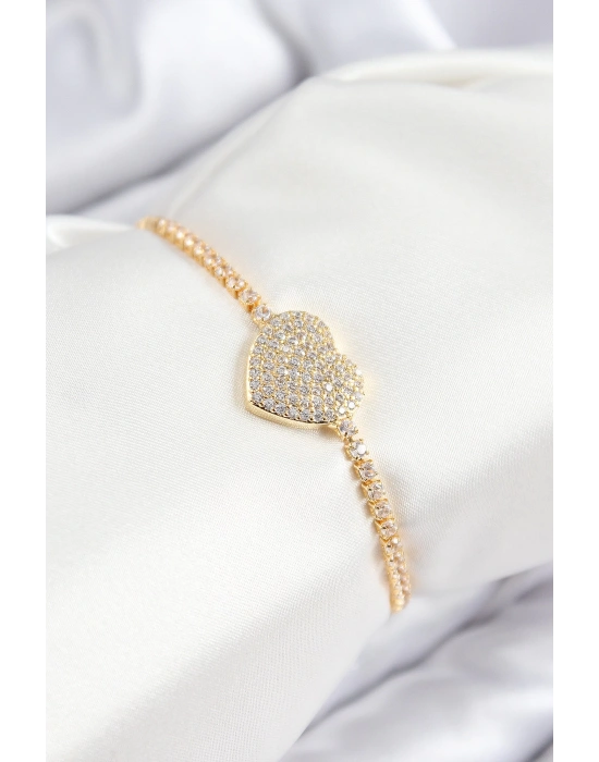 MuI MuI Pirinç Zirkon Taşlı Kalp Model Gold Renk Asansörlü Kadın Bileklik