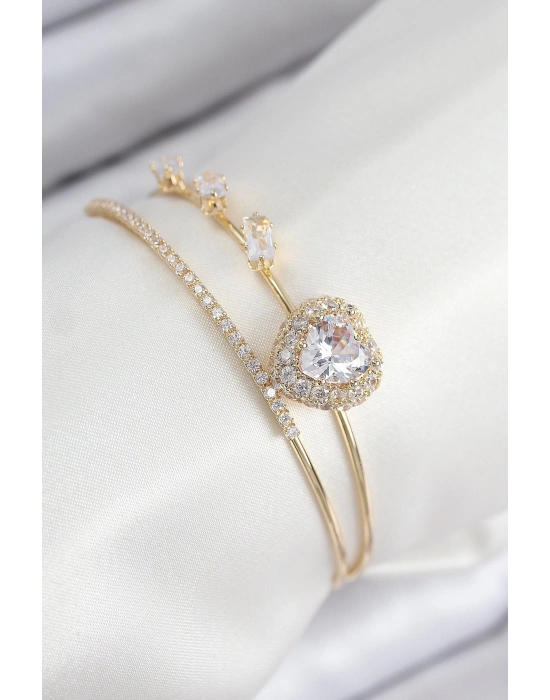 MuI MuI Pirinç Zirkon Taşlı Kalp Model Gold Renk Kadın Bileklik