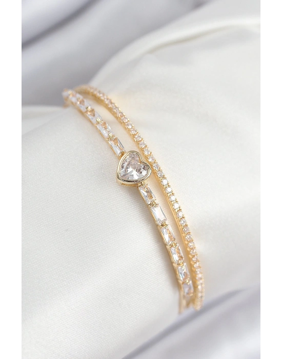 MuI MuI Pirinç Zirkon Taşlı Kalp Model Gold Renk Kadın Bileklik