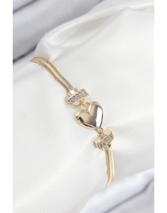 MuI MuI Pirinç Zirkon Taşlı Kalp Model Gold Renk Kadın Bileklik