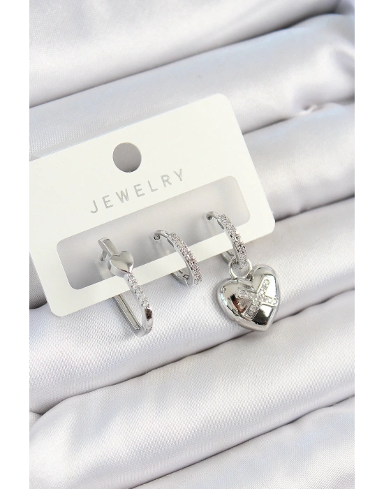 MuI MuI Pirinç Zirkon Taşlı Kalp Model Gümüş Renk 3lü Çift Kadın Küpe Set