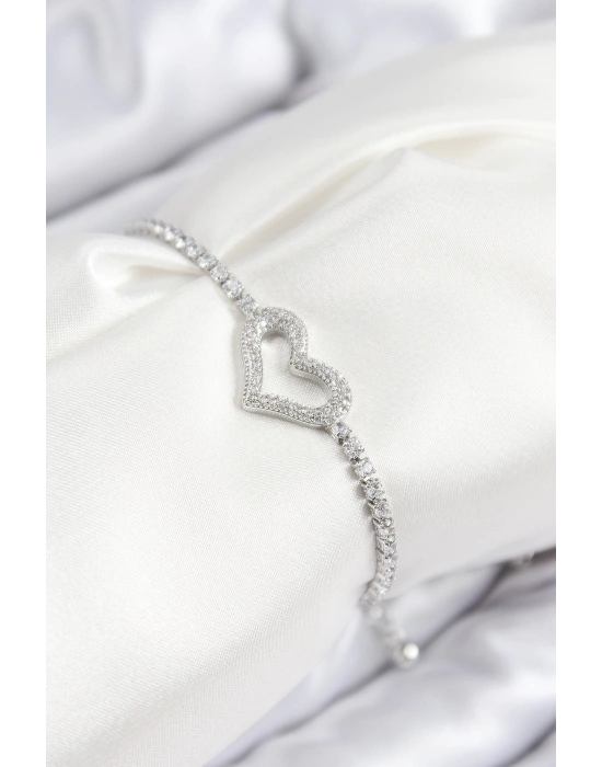 MuI MuI Pirinç Zirkon Taşlı Kalp Model Gümüş Renk Asansörlü Kadın Bileklik