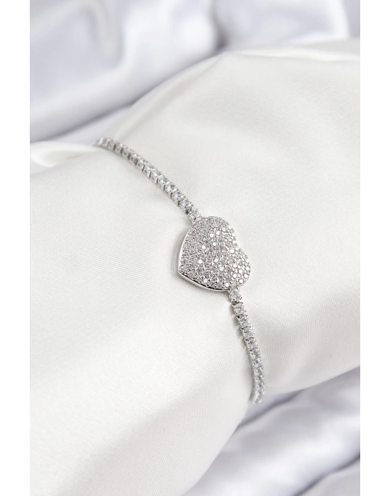 MuI MuI Pirinç Zirkon Taşlı Kalp Model Gümüş Renk Asansörlü Kadın Bileklik