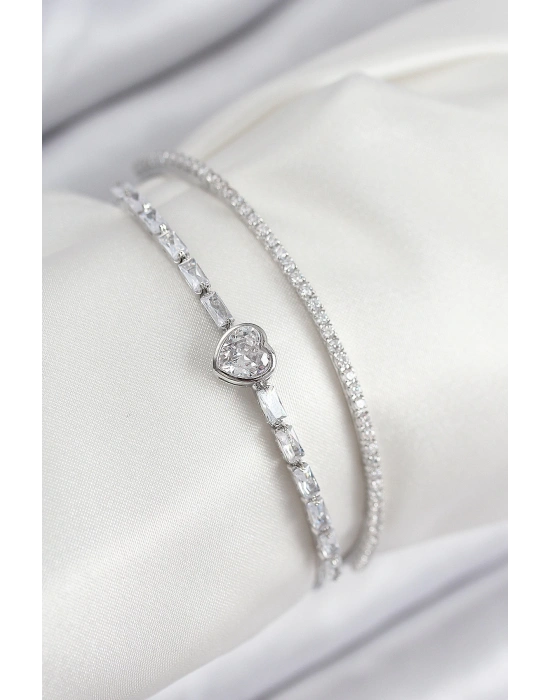 MuI MuI Pirinç Zirkon Taşlı Kalp Model Gümüş Renk Kadın Bileklik