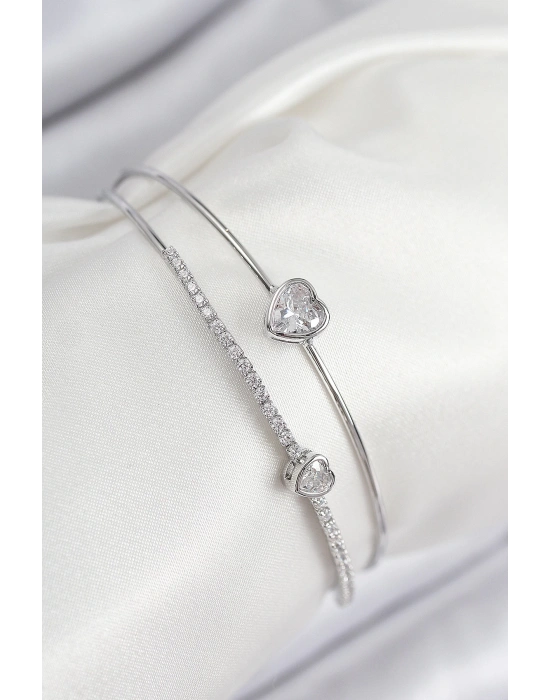 MuI MuI Pirinç Zirkon Taşlı Kalp Model Gümüş Renk Kadın Bileklik