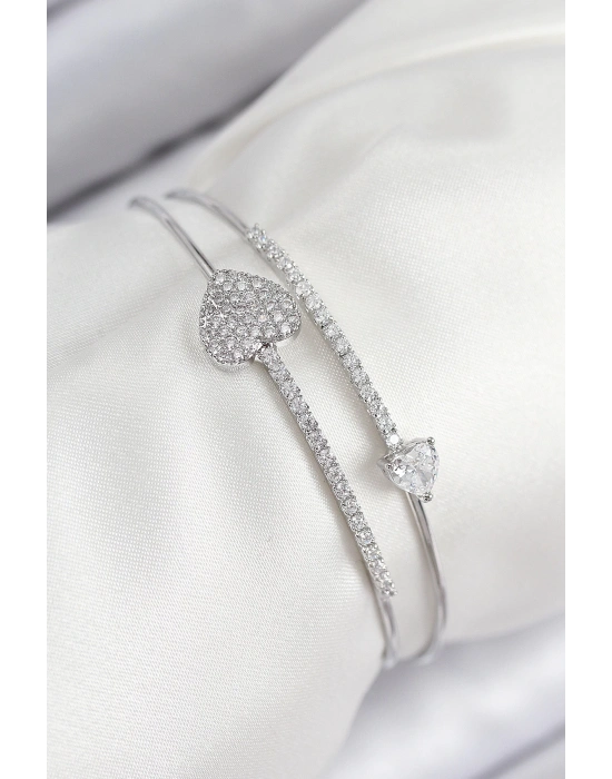 MuI MuI Pirinç Zirkon Taşlı Kalp Model Gümüş Renk Kadın Bileklik