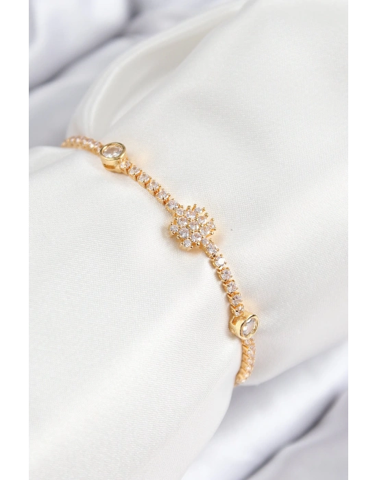 MuI MuI Pirinç Zirkon Taşlı Kar Tanesi Model Gold Renk Asansörlü Kadın Bileklik