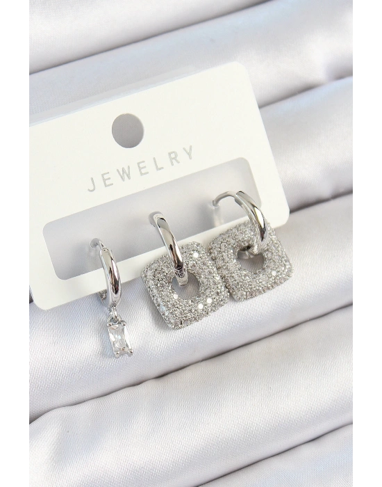 MuI MuI Pirinç Zirkon Taşlı Kare Model Gümüş Renk 3lü Çift Kadın Küpe Set