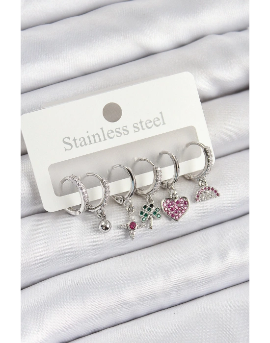 MuI MuI Pirinç Zirkon Taşlı Karpuz Yonca Kalp Pusula Karışık Model Gümüş Renk 6lı Set Kadın Küpe