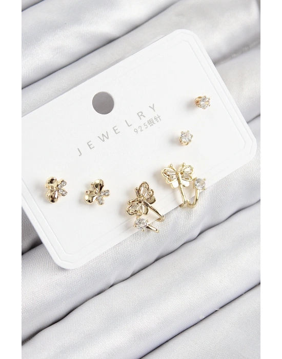 MuI MuI Pirinç Zirkon Taşlı Kelebek Model Gold Renk 925 Ayar Gümüş Çivi Kadın Küpe Set