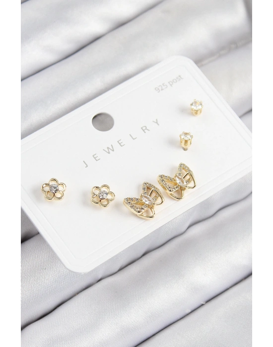 MuI MuI Pirinç Zirkon Taşlı Kelebek Model Gold Renk 925 Ayar Gümüş Çivi Kadın Küpe Set