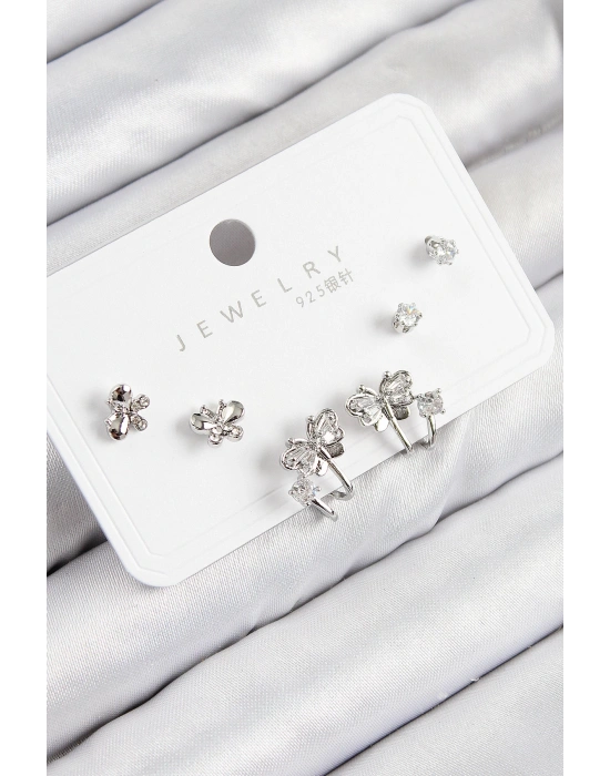 MuI MuI Pirinç Zirkon Taşlı Kelebek Model Gümüş Renk 925 Ayar Gümüş Çivi Kadın Küpe Set