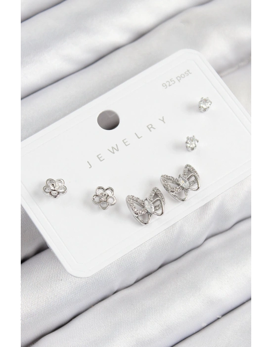 MuI MuI Pirinç Zirkon Taşlı Kelebek Model Gümüş Renk 925 Ayar Gümüş Çivi Kadın Küpe Set