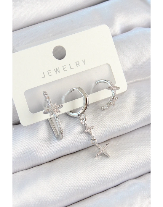 MuI MuI Pirinç Zirkon Taşlı Kelebek Ve Sallantılı Yıldız Model Gümüş Renk 3lü Çift Kadın Küpe Set