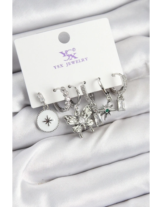 MuI MuI Pirinç Zİrkon Taşlı Kelebek ve Yıldız Model Gümüş Renk 3lü Çift Kadın Küpe