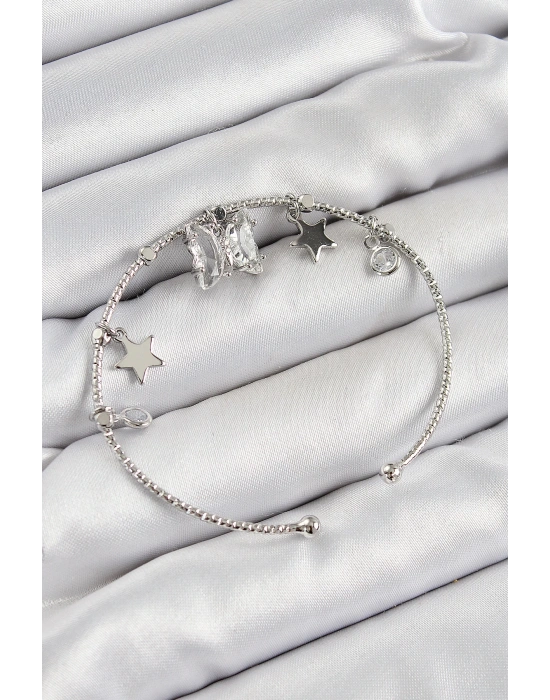 MuI MuI Pirinç Zirkon Taşlı Kelebek Ve Yıldız Model Gümüş Renk Charm Bileklik