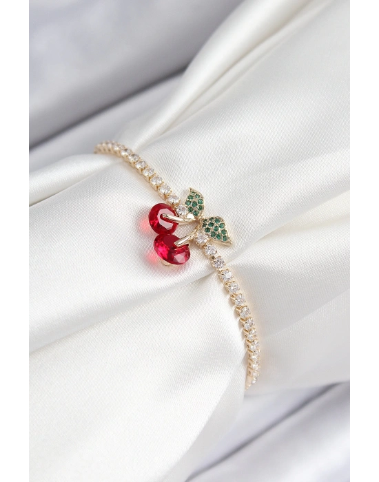 MuI MuI Pirinç Zirkon Taşlı Kiraz Model Gold Renk Asansörlü Kadın Bileklik