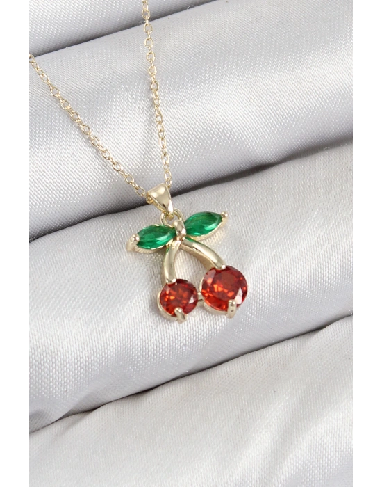 MuI MuI Pirinç Zirkon Taşlı Kiraz Model Gold Renk Kadın Kolye