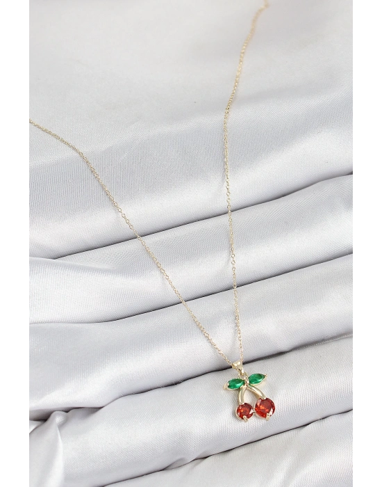 MuI MuI Pirinç Zirkon Taşlı Kiraz Model Gold Renk Kadın Kolye