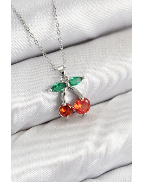 MuI MuI Pirinç Zirkon Taşlı Kiraz Model Gümüş Renk Kadın Kolye