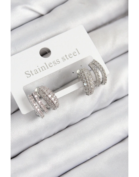 MuI MuI Pirinç Zirkon Taşlı Kıvrımlı Model Gümüş Renk Kadın Küpe