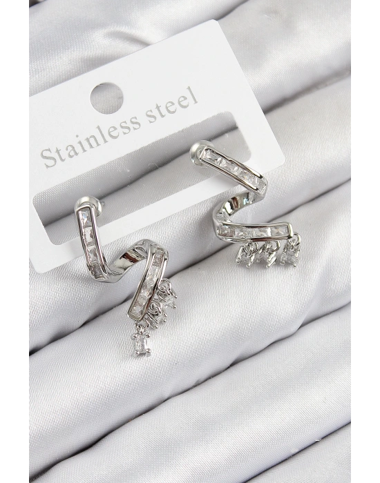 MuI MuI Pirinç Zirkon Taşlı Kıvrımlı Model Gümüş Renk Kadın Küpe