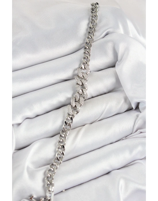 MuI MuI Pirinç Zirkon Taşlı Küba Zincir Model Gümüş Renk Kadın Bileklik