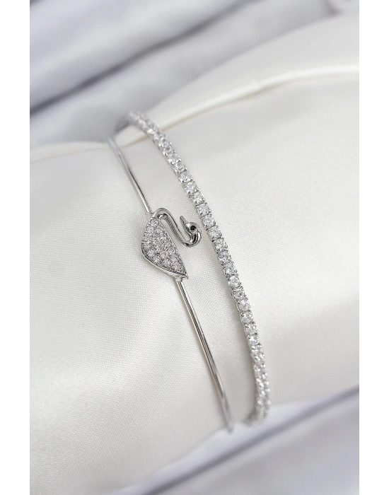 MuI MuI Pirinç Zirkon Taşlı Kuğu Model Gümüş Renk Kadın Bileklik