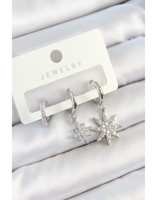 MuI MuI Pirinç Zirkon Taşlı Kutup Yıldızı Model Gümüş Renk 3lü Çift Kadın Küpe Set