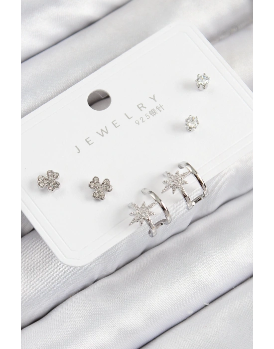 MuI MuI Pirinç Zirkon Taşlı Kutup Yıldızı Model Gümüş Renk 925 Ayar Gümüş Çivi Kadın Küpe Set