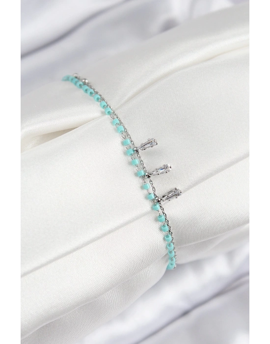 MuI MuI Pirinç Zirkon Taşlı Mavi Boncuklu Model Gümüş Renk Kadın Bileklik