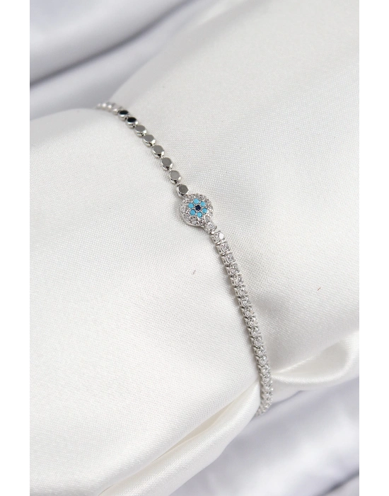 MuI MuI Pirinç Zirkon Taşlı Nazar Model Ezme Zincir Gümüş Renk Kadın Bileklik