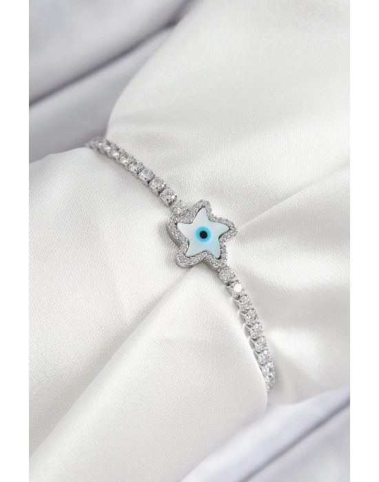 MuI MuI Pirinç Zirkon Taşlı Nazar Yıldız Model Gümüş Renk Asansörlü Kadın Bileklik