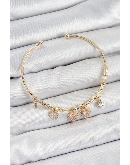 MuI MuI Pirinç Zirkon Taşlı Pembe Kalp Model Gold Renk Charm Bileklik