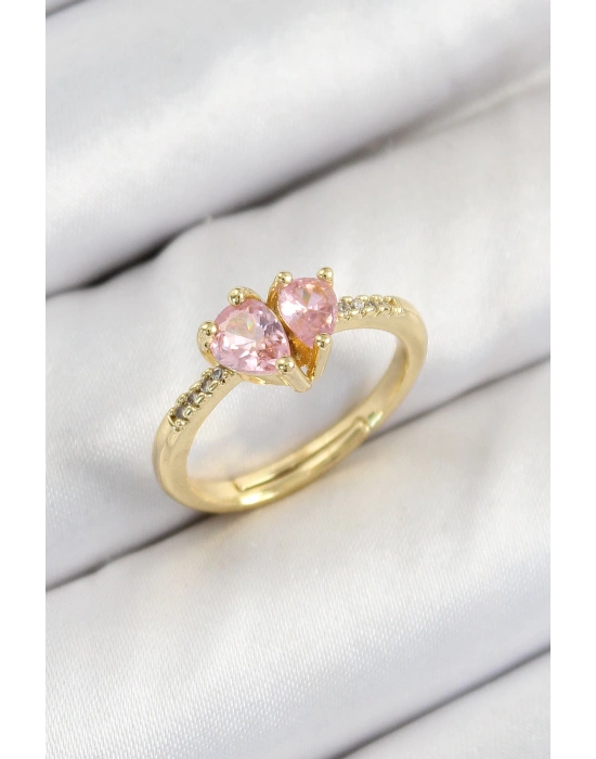 MuI MuI Pirinç Zirkon Taşlı Pembe Kalp Model Gold Renk Kadın Yüzük