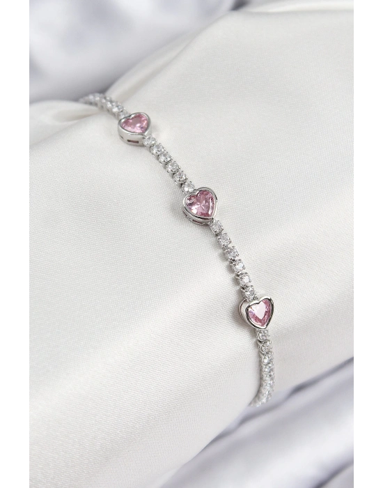 MuI MuI Pirinç Zirkon Taşlı Pembe Kalp Model Gümüş Renk Kadın Bileklik