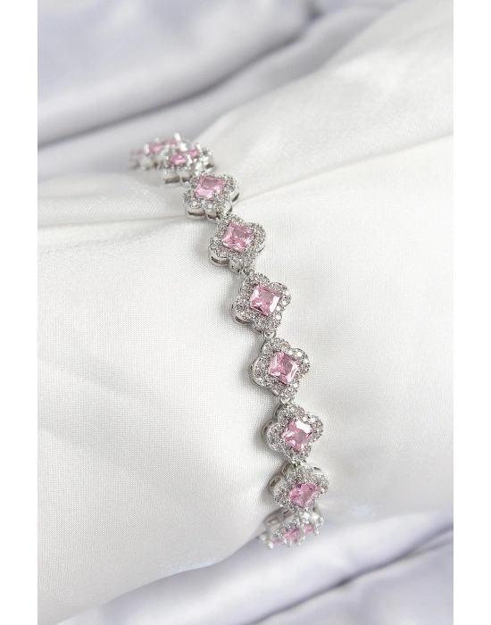 MuI MuI Pirinç Zirkon Taşlı Pembe Yonca Baget Model Gümüş Renk VIP Seri Kadın Bileklik
