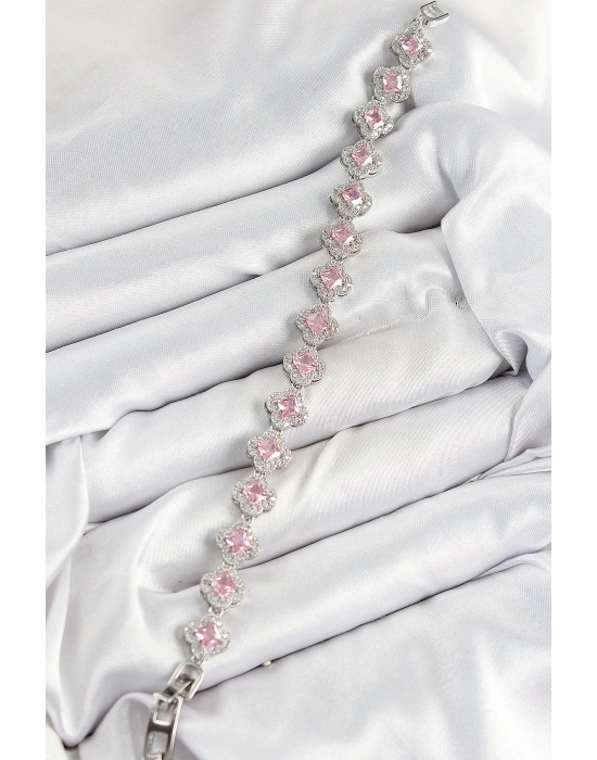 MuI MuI Pirinç Zirkon Taşlı Pembe Yonca Baget Model Gümüş Renk VIP Seri Kadın Bileklik