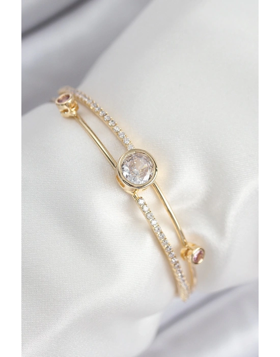 MuI MuI Pirinç Zirkon Taşlı Pırlanta Model Gold Renk Kadın Bileklik