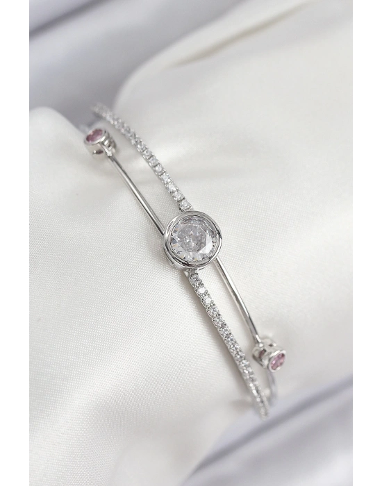 MuI MuI Pirinç Zirkon Taşlı Pırlanta Model Gümüş Renk Kadın Bileklik