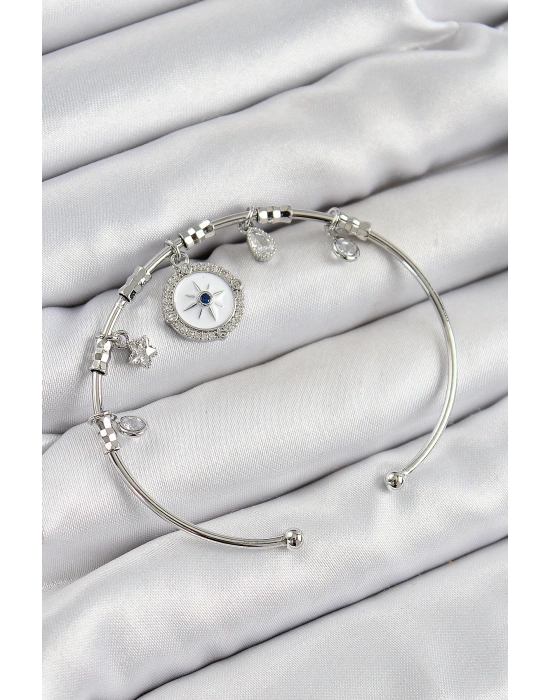 MuI MuI Pirinç Zirkon Taşlı Pusula Model Gümüş Renk Charm Bileklik
