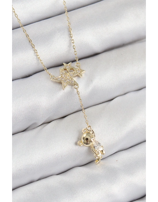 MuI MuI Pirinç Zirkon Taşlı Sallantılı Ayıcıklı Yıldız Model Gold Renk Kadın Kolye