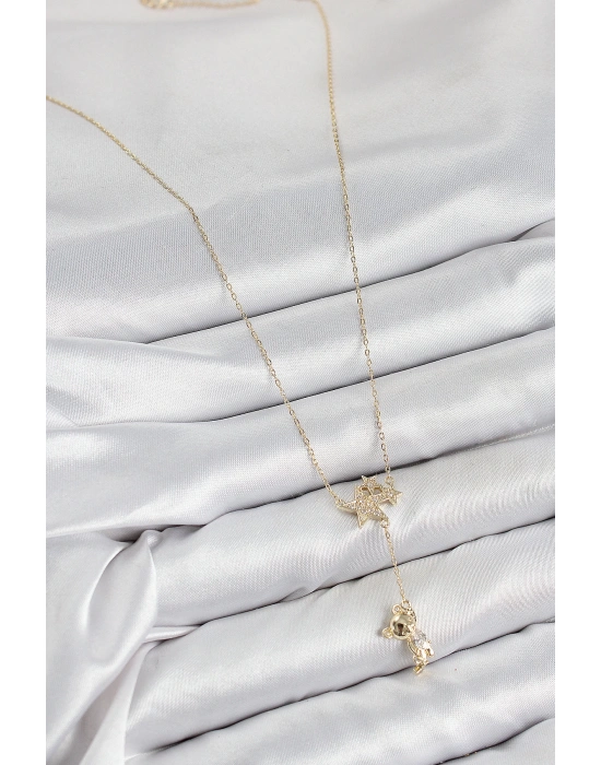 MuI MuI Pirinç Zirkon Taşlı Sallantılı Ayıcıklı Yıldız Model Gold Renk Kadın Kolye