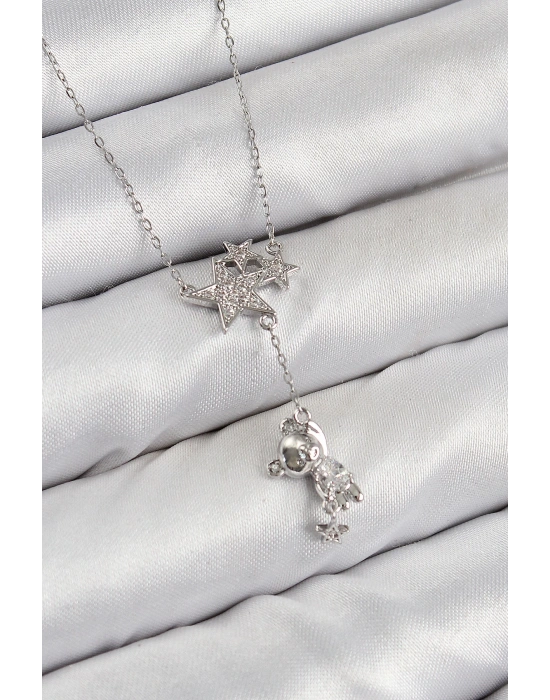 MuI MuI Pirinç Zirkon Taşlı Sallantılı Ayıcıklı Yıldız Model Gümüş Renk Kadın Kolye