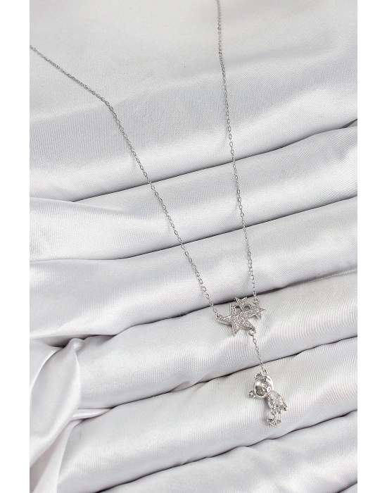 MuI MuI Pirinç Zirkon Taşlı Sallantılı Ayıcıklı Yıldız Model Gümüş Renk Kadın Kolye