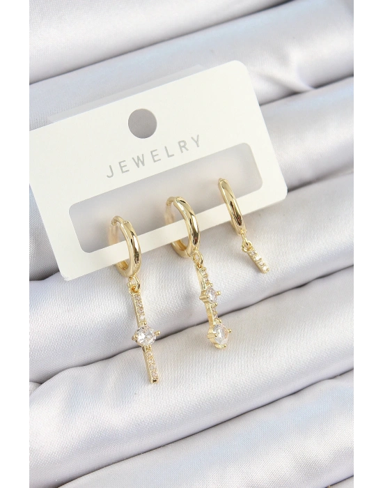 MuI MuI Pirinç Zirkon Taşlı Sallantılı Model Gold Renk 3lü Çift Kadın Küpe Set